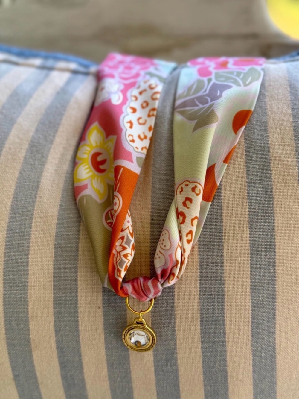 New Colorful Floral Scarf Necklace with Gold Charm Pink Coral Orange Yellow